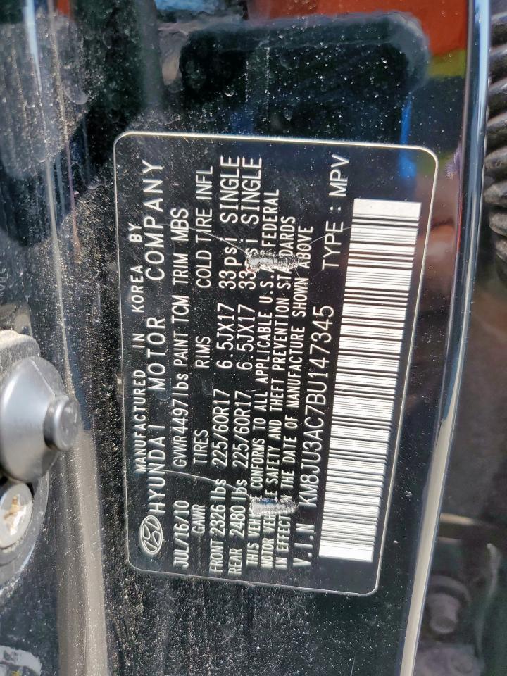 2011 Hyundai Tucson Gls VIN: KM8JU3AC7BU147345 Lot: 80624685