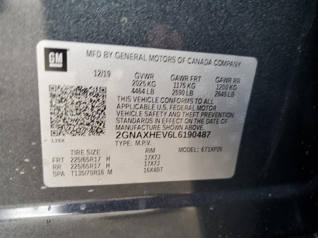 2020 Chevrolet Equinox Ls VIN: 2GNAXHEV6L6190487 Lot: 84657045