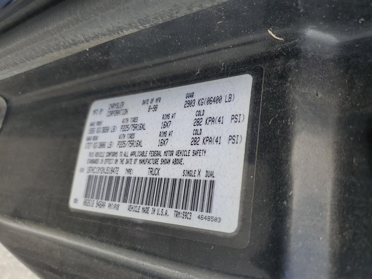 1999 Dodge Ram 1500 VIN: 1B7HC13Y2XJ518472 Lot: 71207465