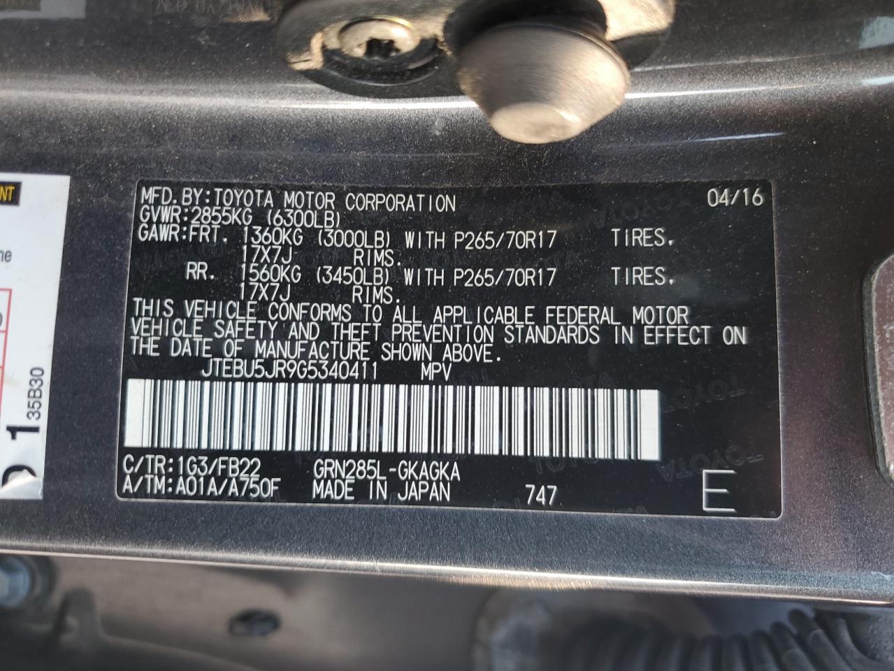 2016 Toyota 4Runner Sr5/Sr5 Premium VIN: JTEBU5JR9G5340411 Lot: 81205865