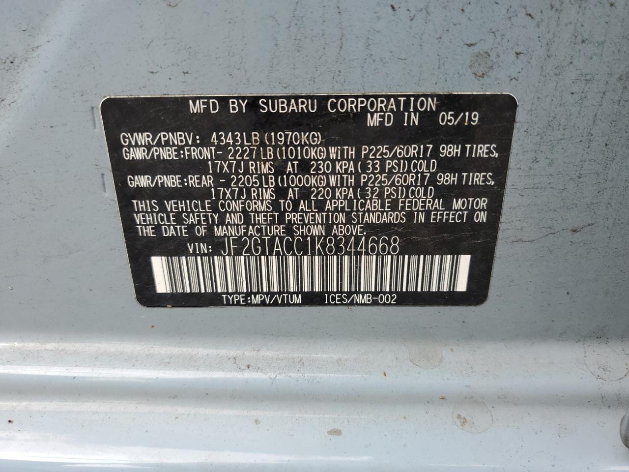 2019 Subaru Crosstrek Premium VIN: JF2GTACC1K8344668 Lot: 70860815