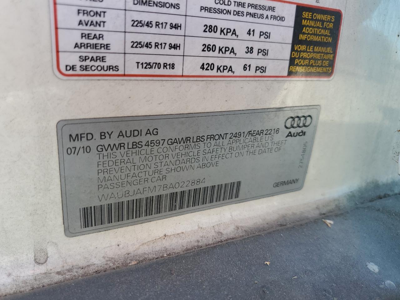 2011 Audi A3 Premium VIN: WAUBJAFM7BA022884 Lot: 80961815