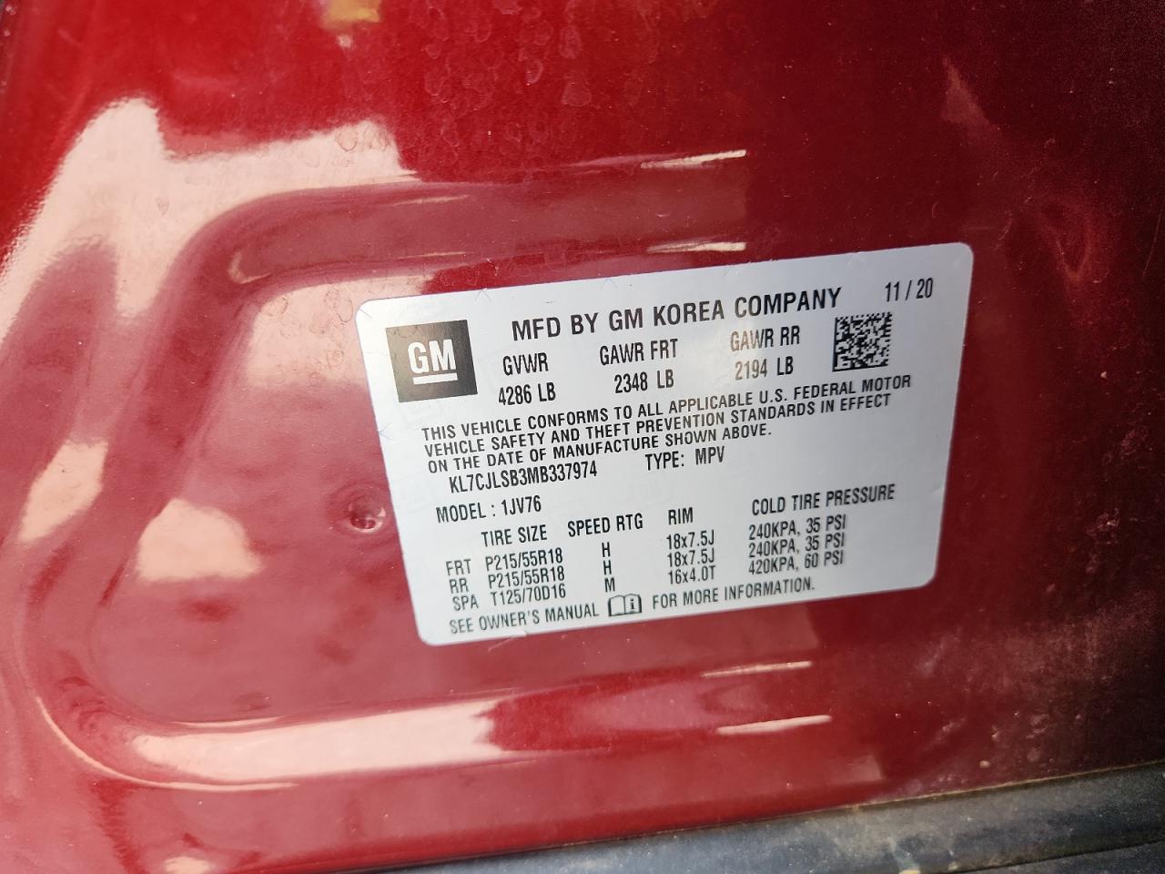 2021 Chevrolet Trax 1Lt VIN: KL7CJLSB3MB337974 Lot: 81466395