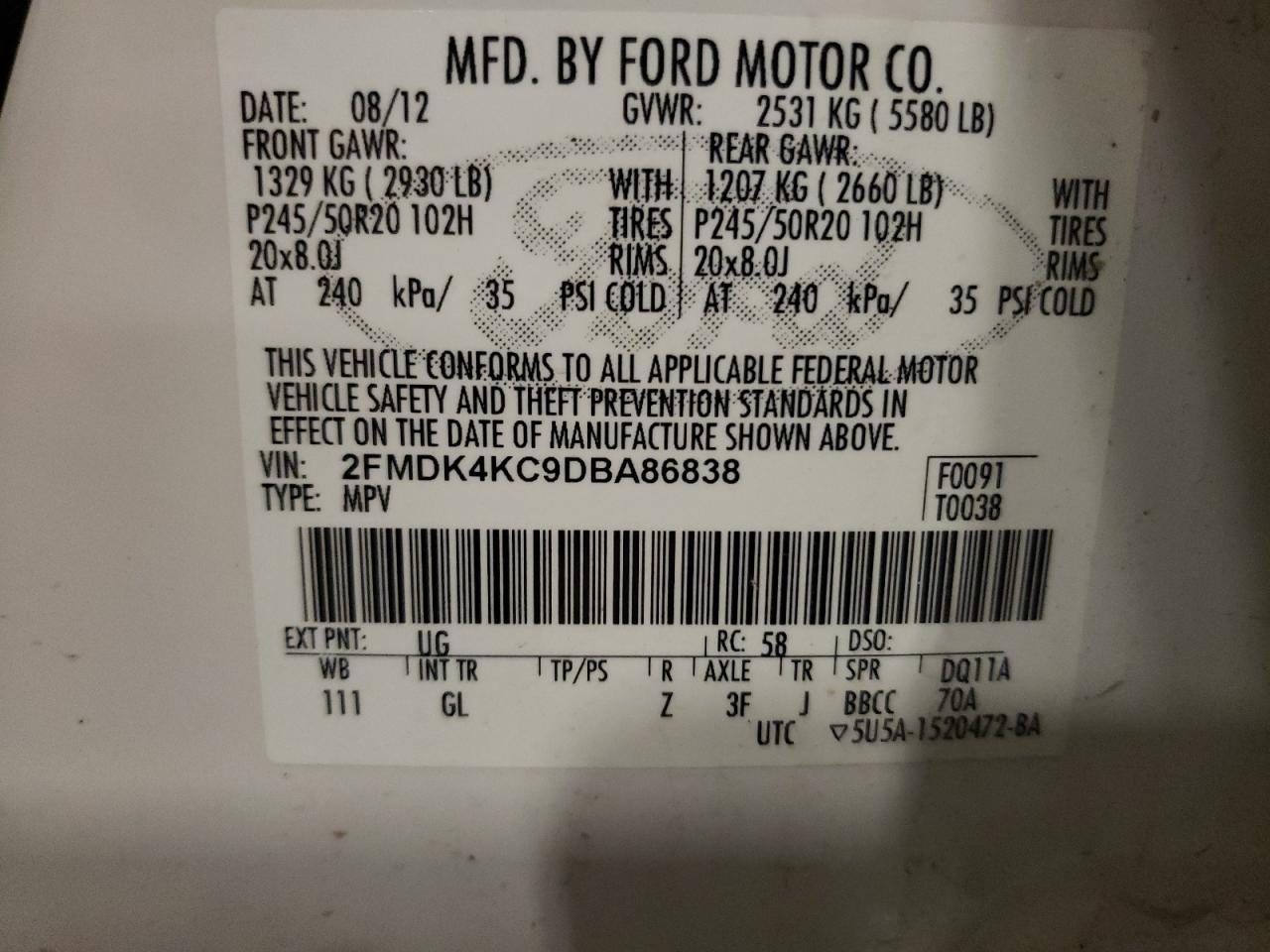 2013 Ford Edge Limited VIN: 2FMDK4KC9DBA86838 Lot: 71826265