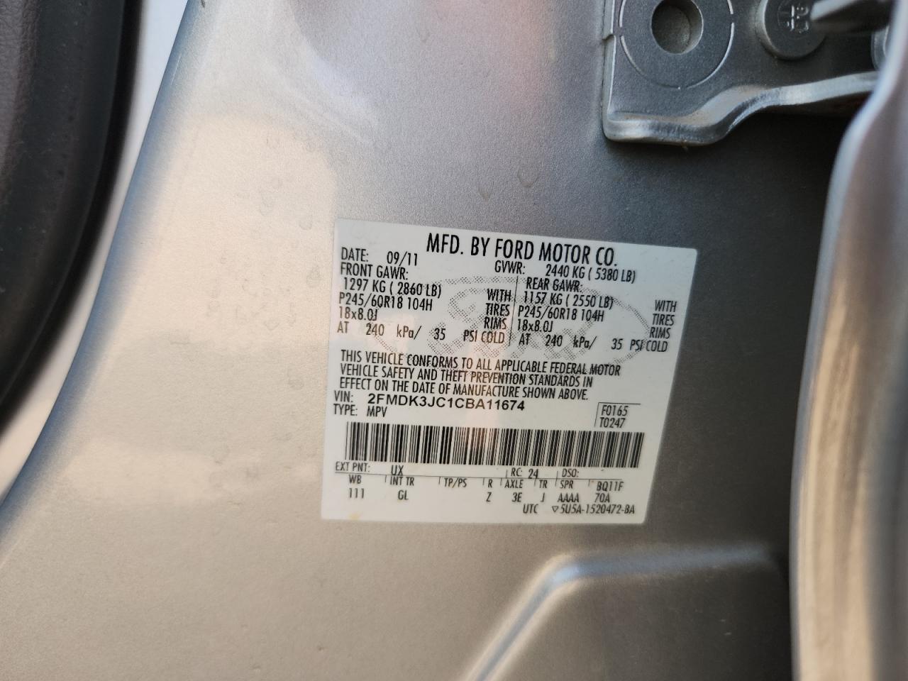 2012 Ford Edge Sel VIN: 2FMDK3JC1CBA11674 Lot: 80398795