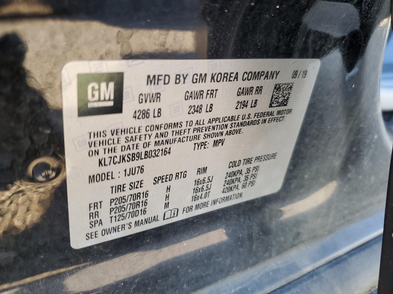 2020 Chevrolet Trax Ls VIN: KL7CJKSB9LB032164 Lot: 80216025