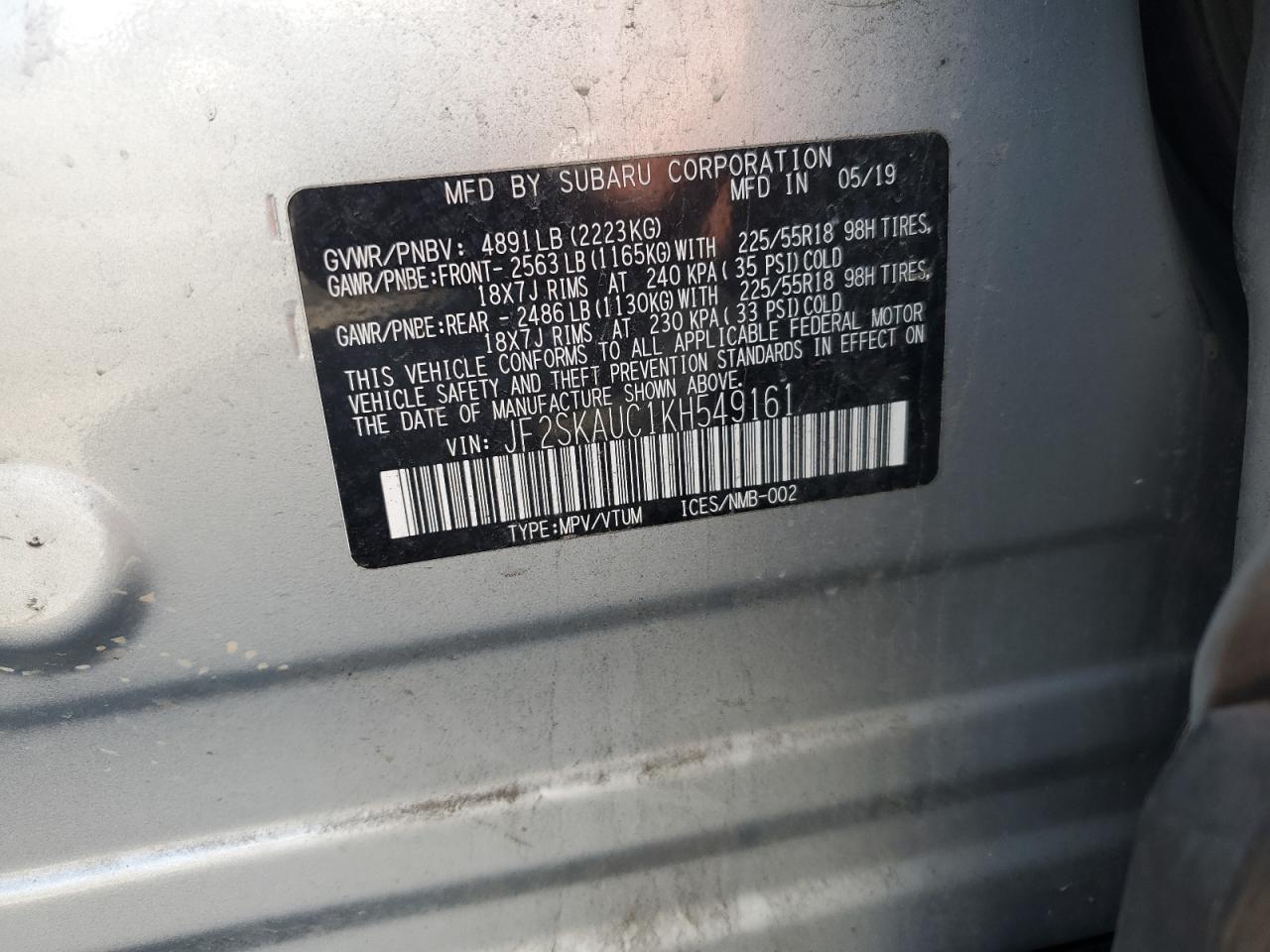 2019 Subaru Forester Limited VIN: JF2SKAUC1KH549161 Lot: 80585555