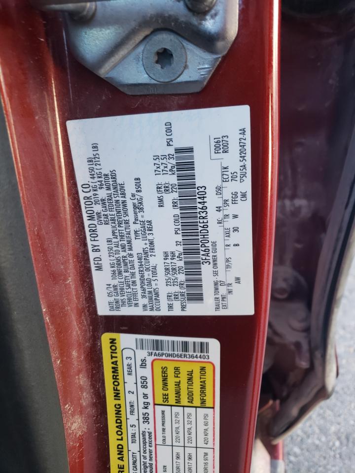 2014 Ford Fusion Se VIN: 3FA6P0HD6ER364403 Lot: 81809925