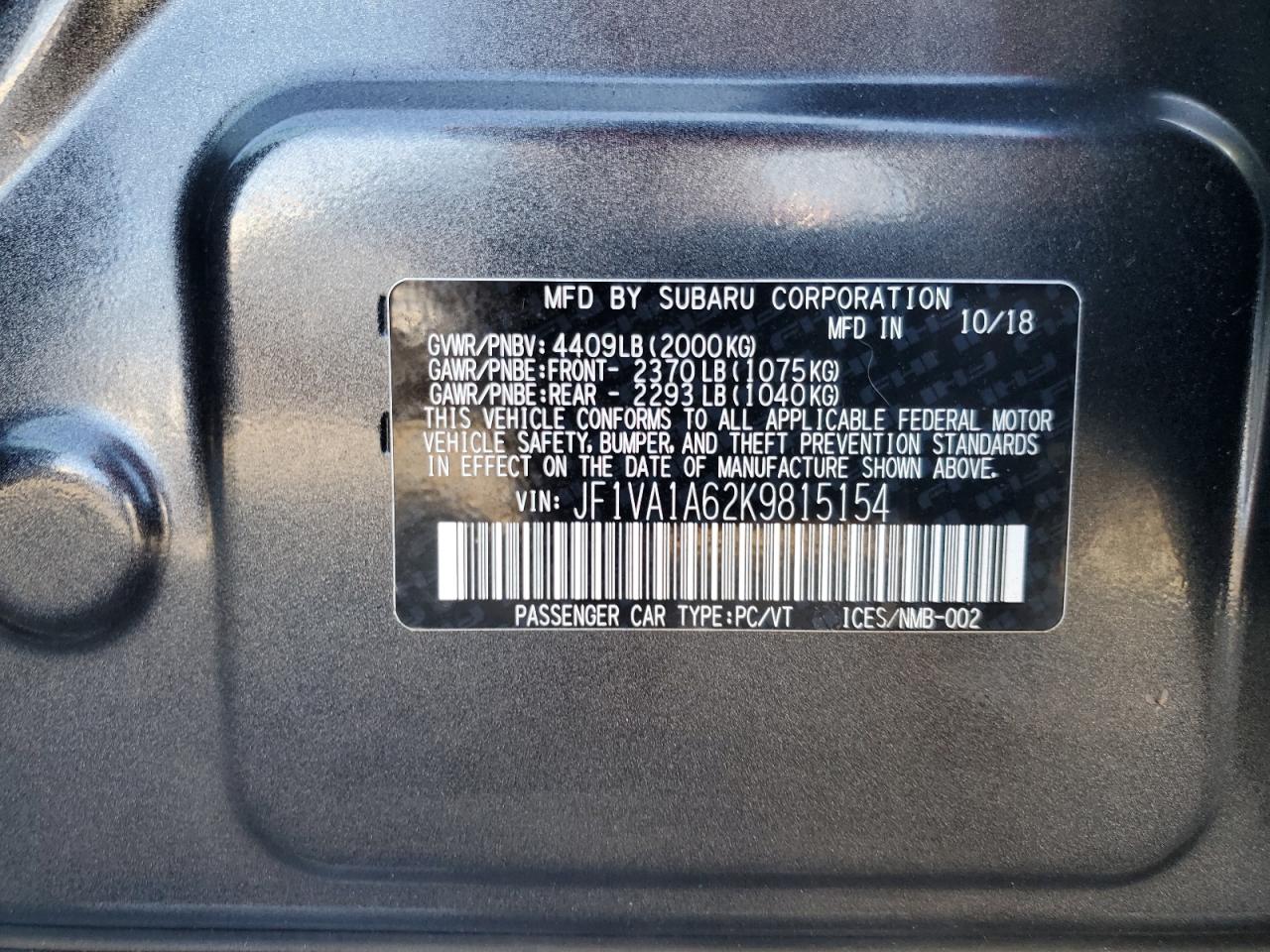 2019 Subaru Wrx VIN: JF1VA1A62K9815154 Lot: 80505305