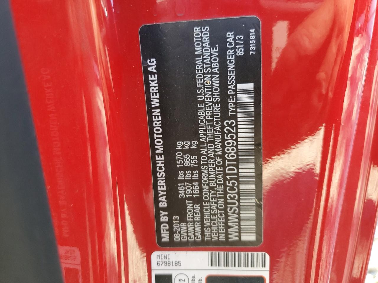 2013 Mini Cooper VIN: WMWSU3C51DT689523 Lot: 81398215