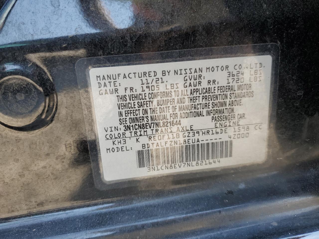 2022 Nissan Versa Sv VIN: 3N1CN8EV7NL821644 Lot: 87486025