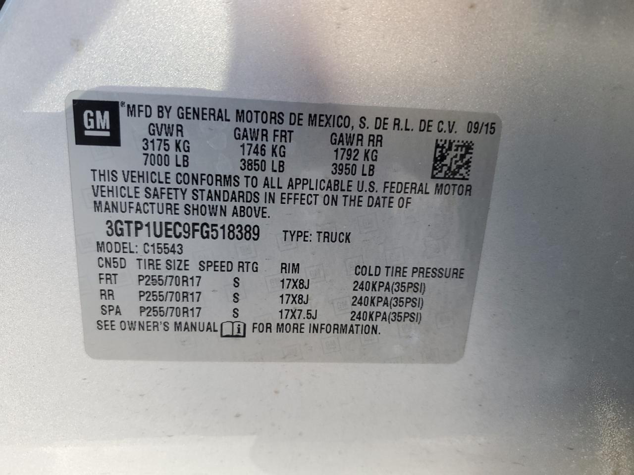 2015 GMC Sierra C1500 Sle VIN: 3GTP1UEC9FG518389 Lot: 84291865