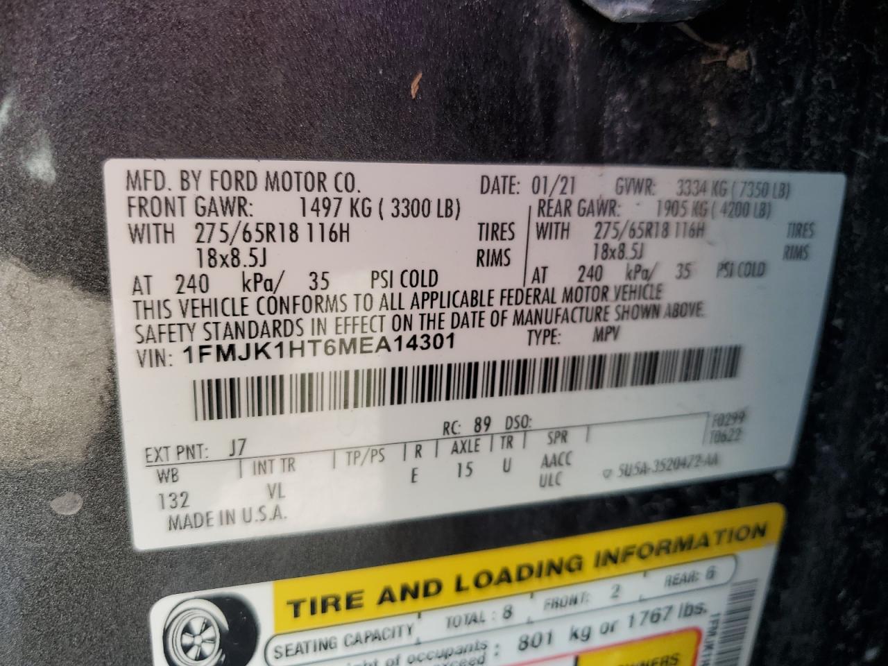 2021 Ford Expedition Max Xlt VIN: 1FMJK1HT6MEA14301 Lot: 84054865