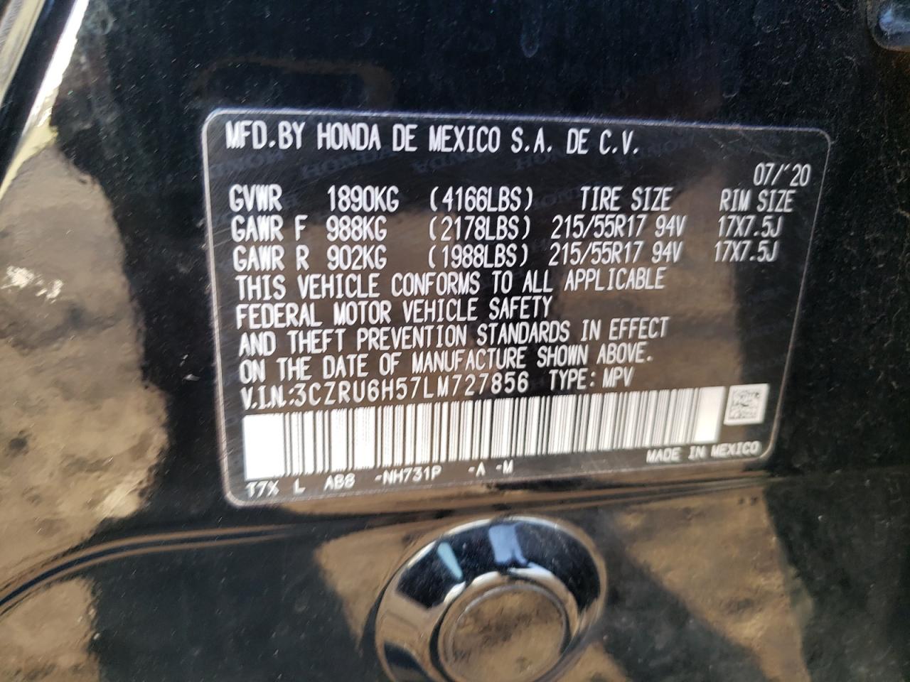 2020 Honda Hr-V Ex VIN: 3CZRU6H57LM727856 Lot: 81931195