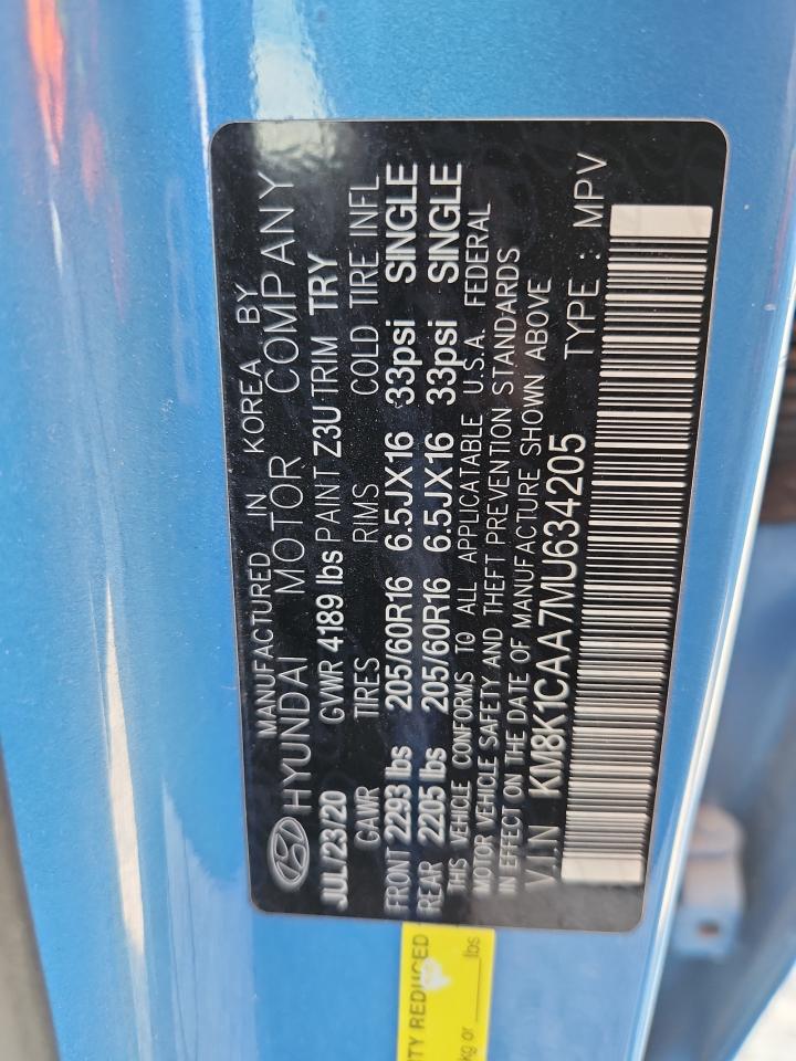 2021 Hyundai Kona Se VIN: KM8K1CAA7MU634205 Lot: 71659585