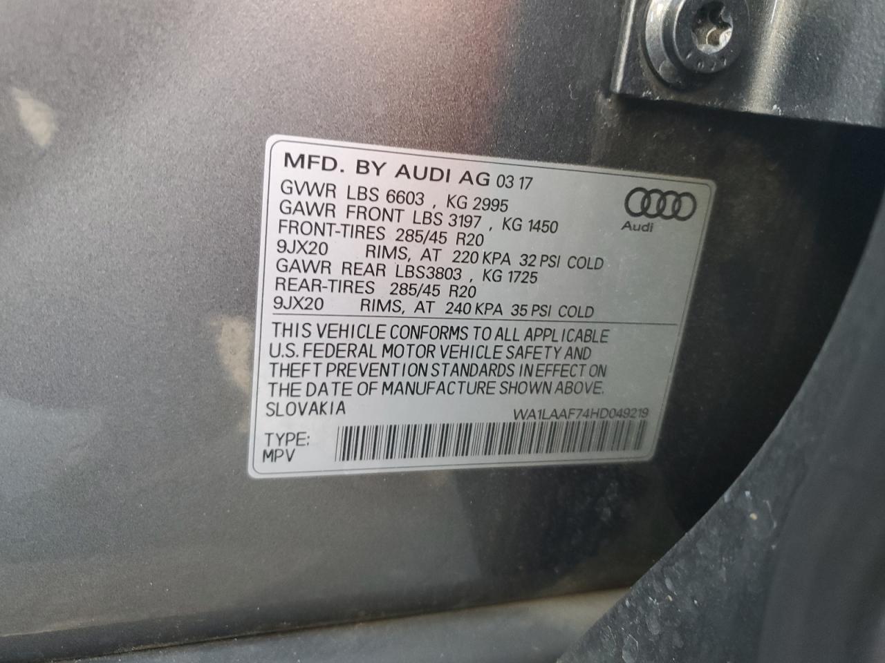 2017 Audi Q7 Premium Plus VIN: WA1LAAF74HD049219 Lot: 72099795
