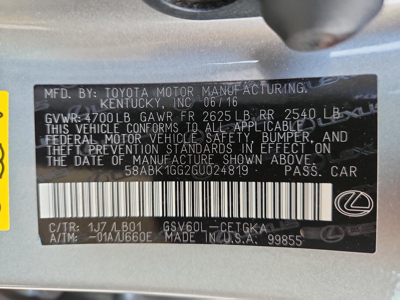 2016 Lexus Es 350 VIN: 58ABK1GG2GU024819 Lot: 81039415