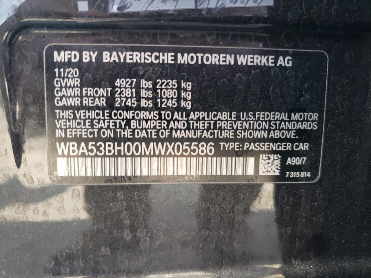 2021 BMW 530 I VIN: WBA53BH00MWX05586 Lot: 80263835
