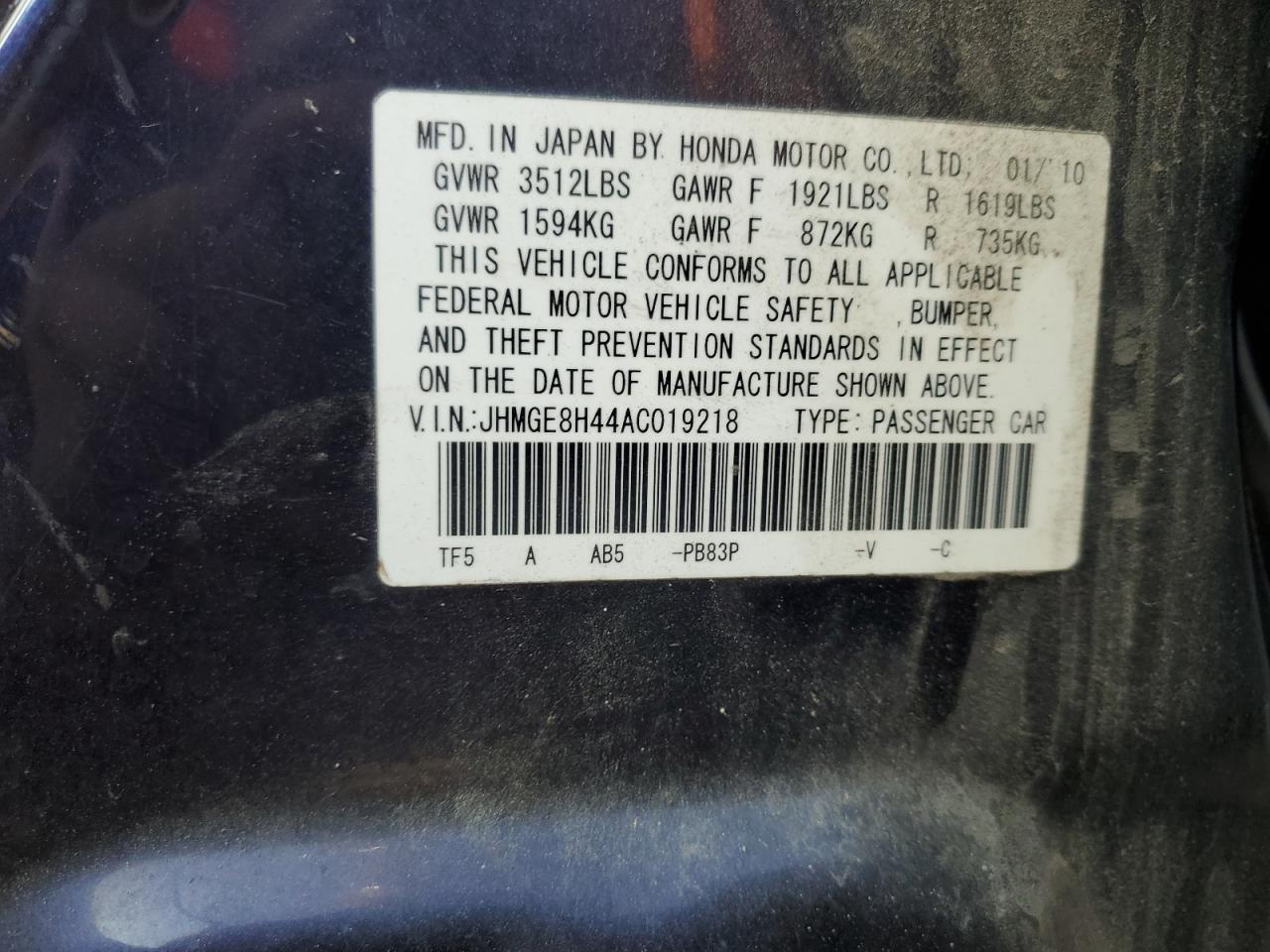 2010 Honda Fit Sport VIN: JHMGE8H44AC019218 Lot: 81511945