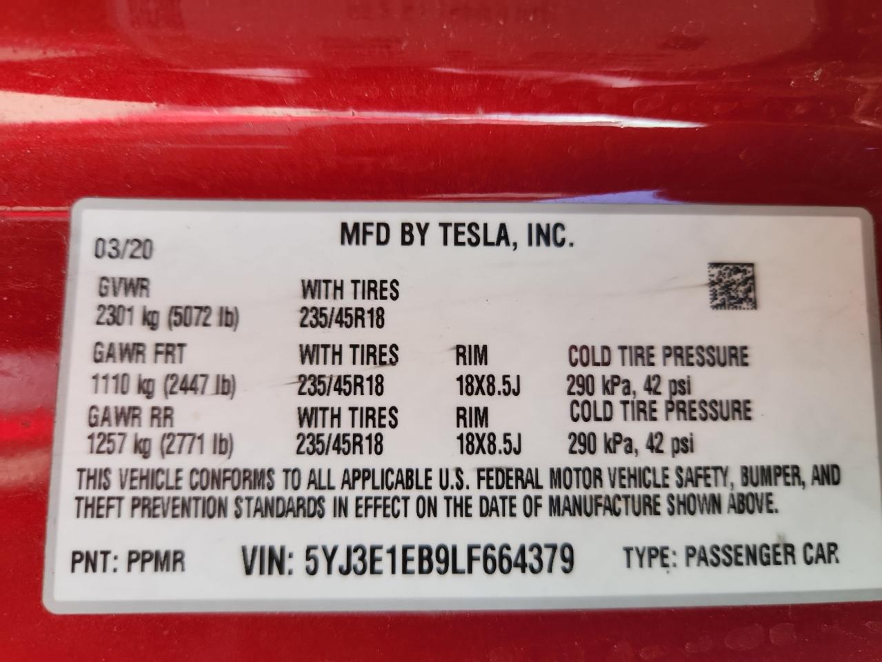 2020 Tesla Model 3 VIN: 5YJ3E1EB9LF664379 Lot: 80410685