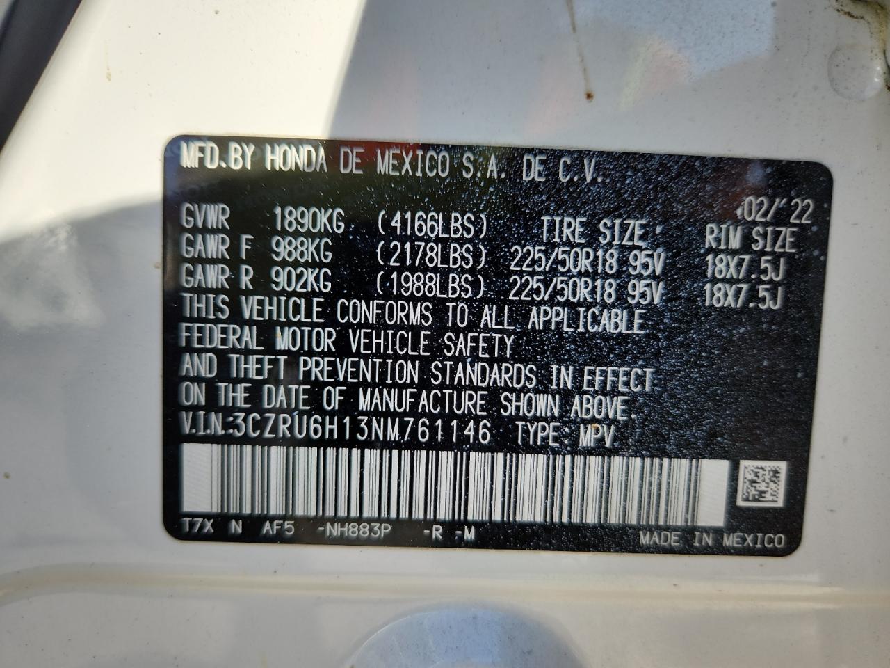 2022 Honda Hr-V Sport VIN: 3CZRU6H13NM761146 Lot: 72097105