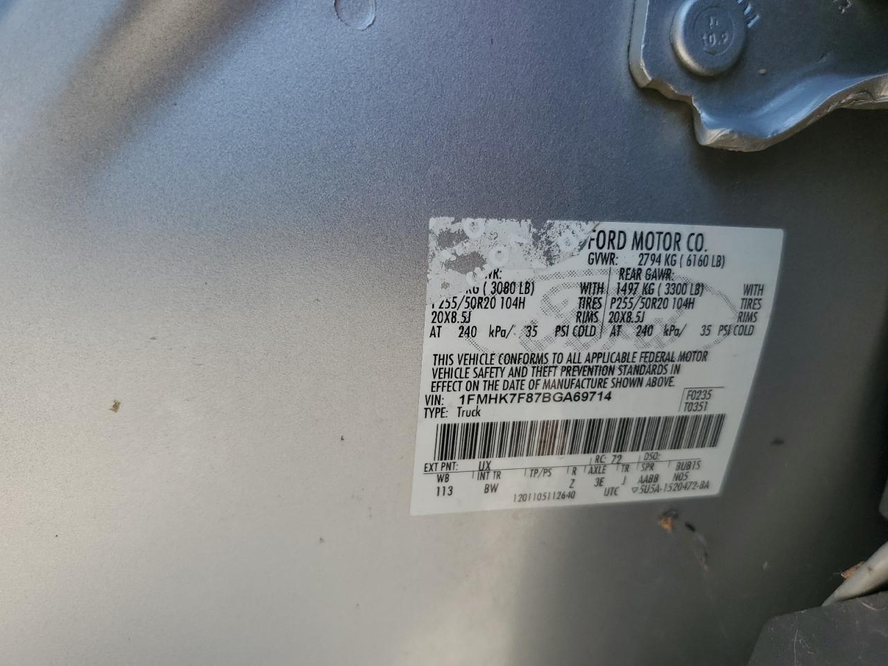 2011 Ford Explorer Limited VIN: 1FMHK7F87BGA69714 Lot: 81005985