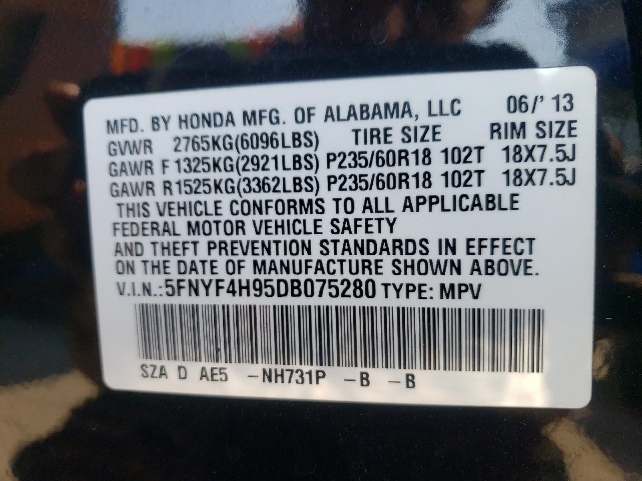 2013 Honda Pilot Touring VIN: 5FNYF4H95DB075280 Lot: 80453515