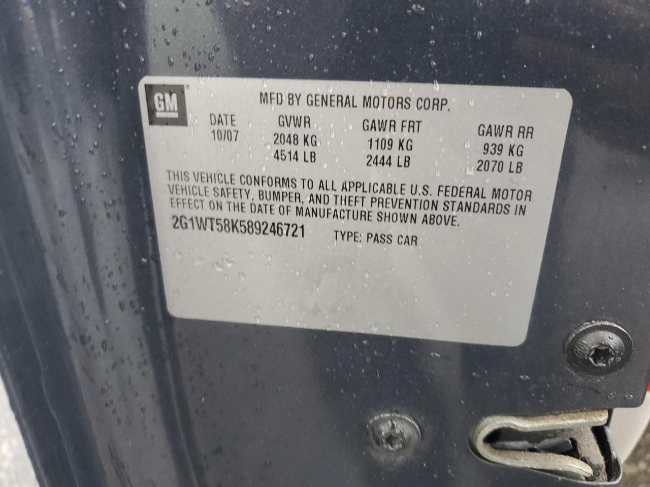 2008 Chevrolet Impala Lt VIN: 2G1WT58K589246721 Lot: 84438905