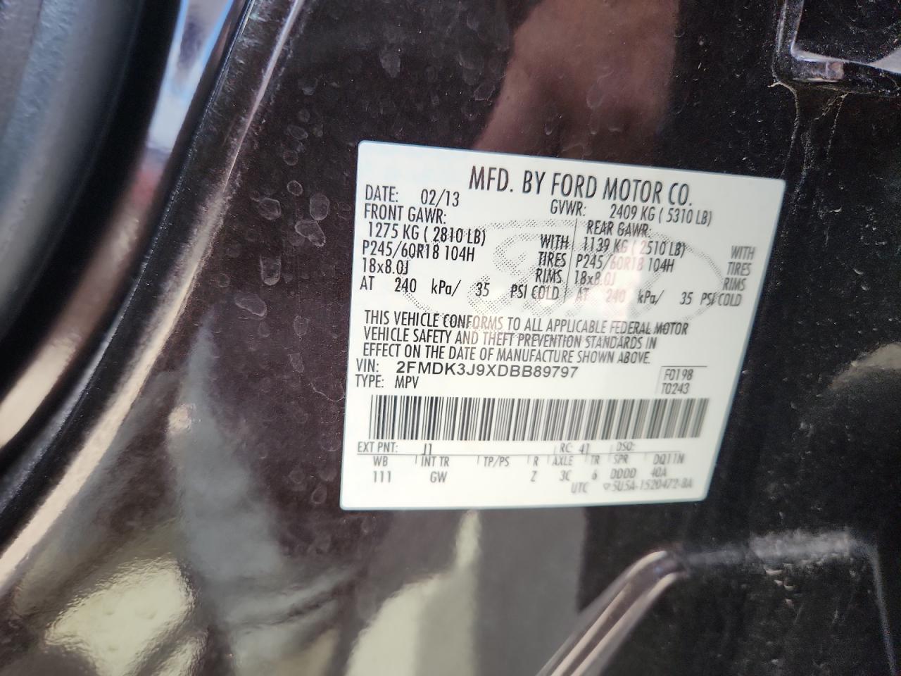 2013 Ford Edge Sel VIN: 2FMDK3J9XDBB89797 Lot: 71270795