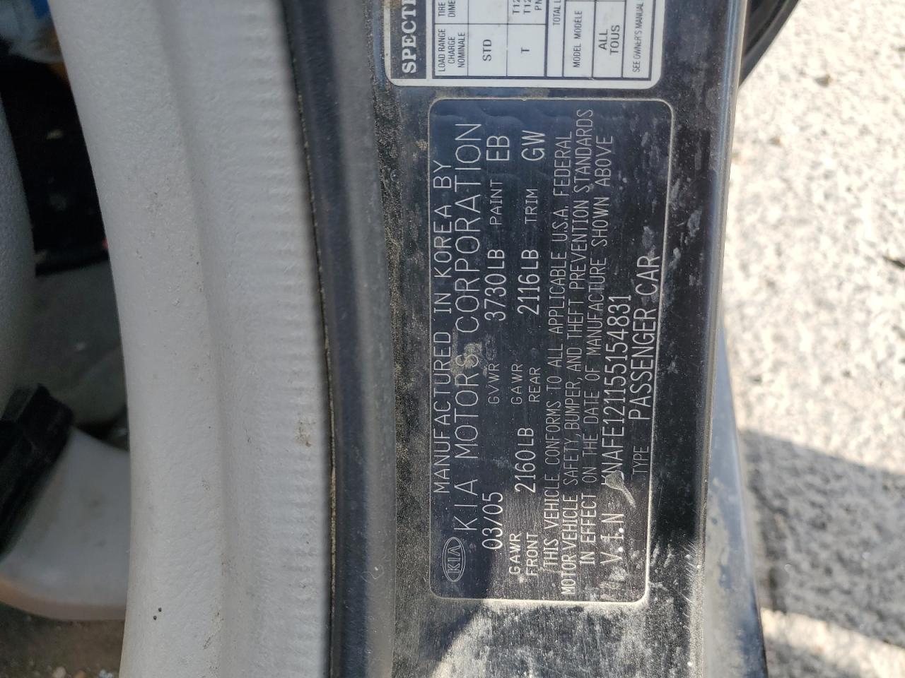 2005 Kia Spectra Lx VIN: KNAFE121155154831 Lot: 72072135