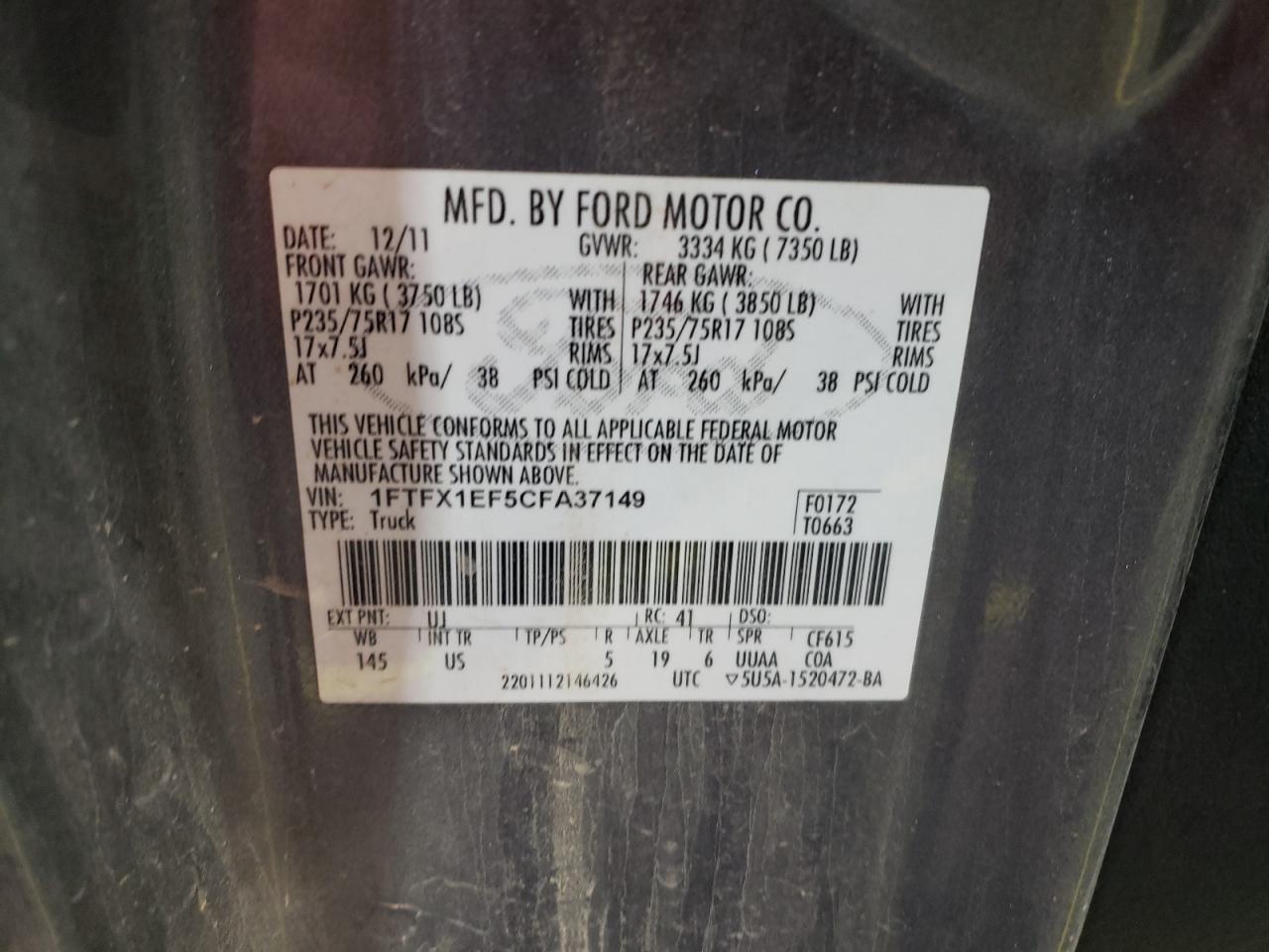 2012 Ford F150 Super Cab VIN: 1FTFX1EF5CFA37149 Lot: 82107385