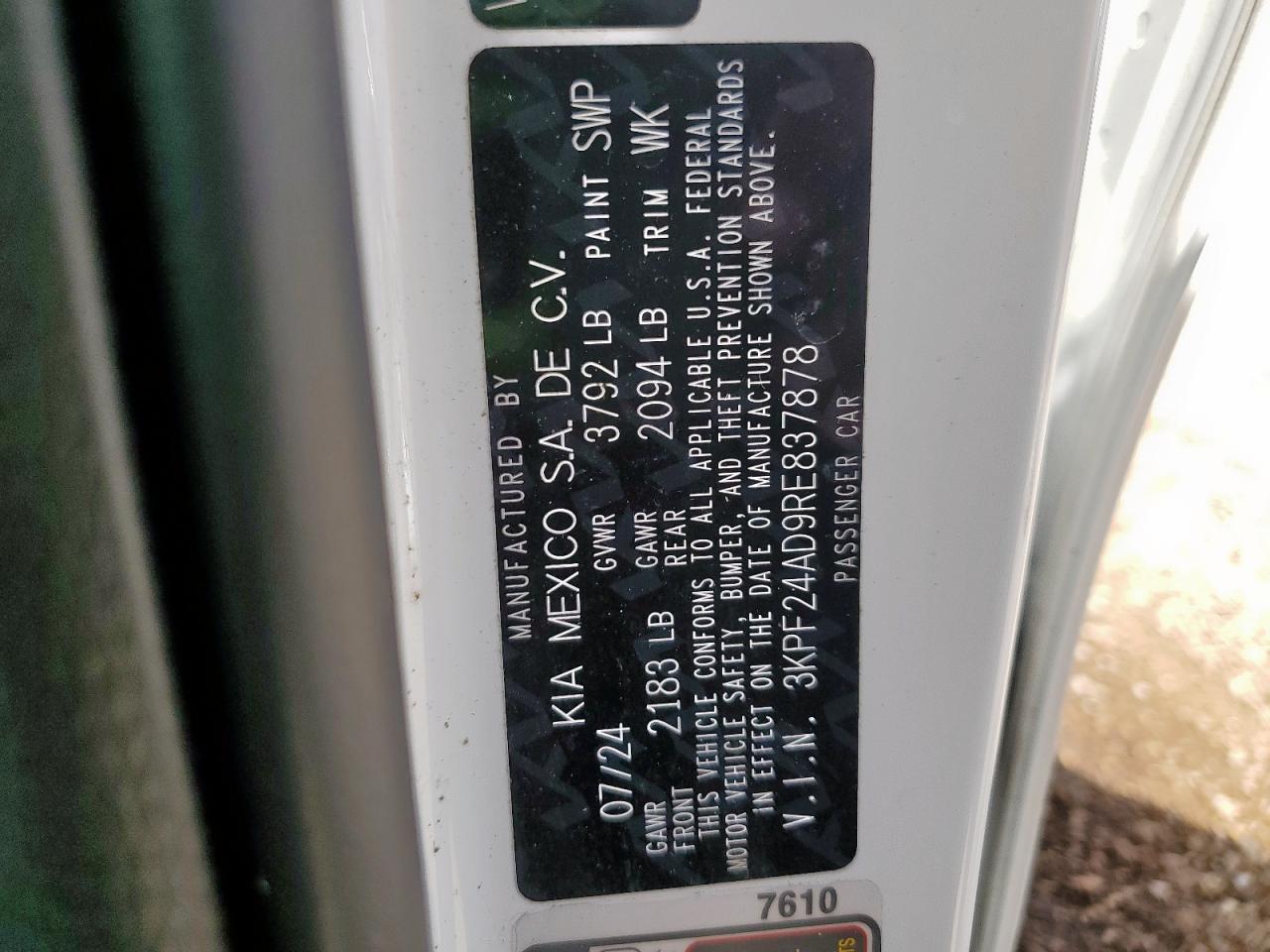 2024 Kia Forte Lx VIN: 3KPF24AD9RE837878 Lot: 81322685