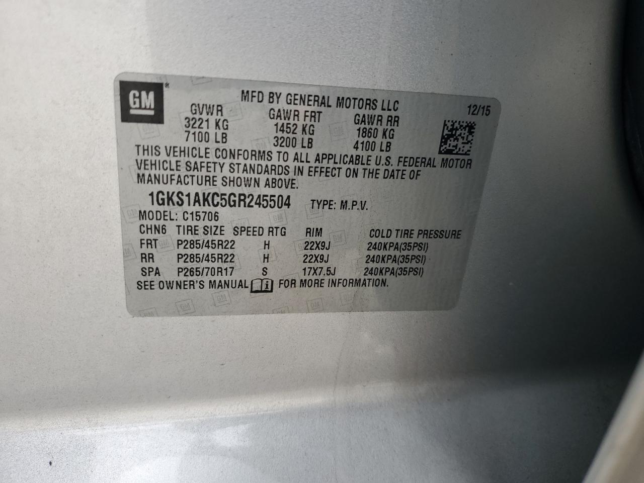 2016 GMC Yukon Sle VIN: 1GKS1AKC5GR245504 Lot: 81918835