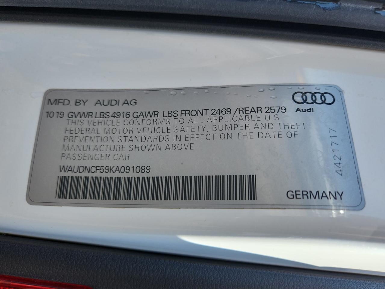 2019 Audi A5 Premium S Line VIN: WAUDNCF59KA091089 Lot: 80127515