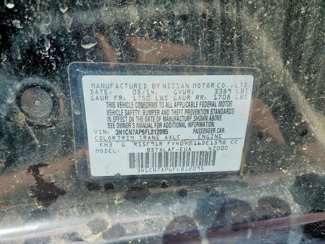 2015 Nissan Versa S VIN: 3N1CN7AP6FL812095 Lot: 83945015