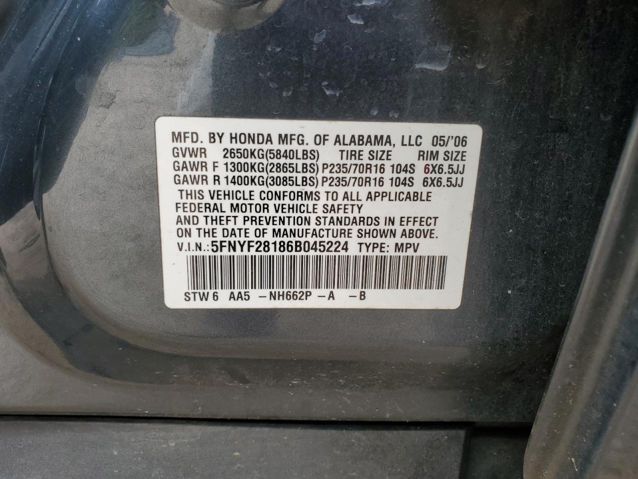 2006 Honda Pilot Lx VIN: 5FNYF28186B045224 Lot: 71977585
