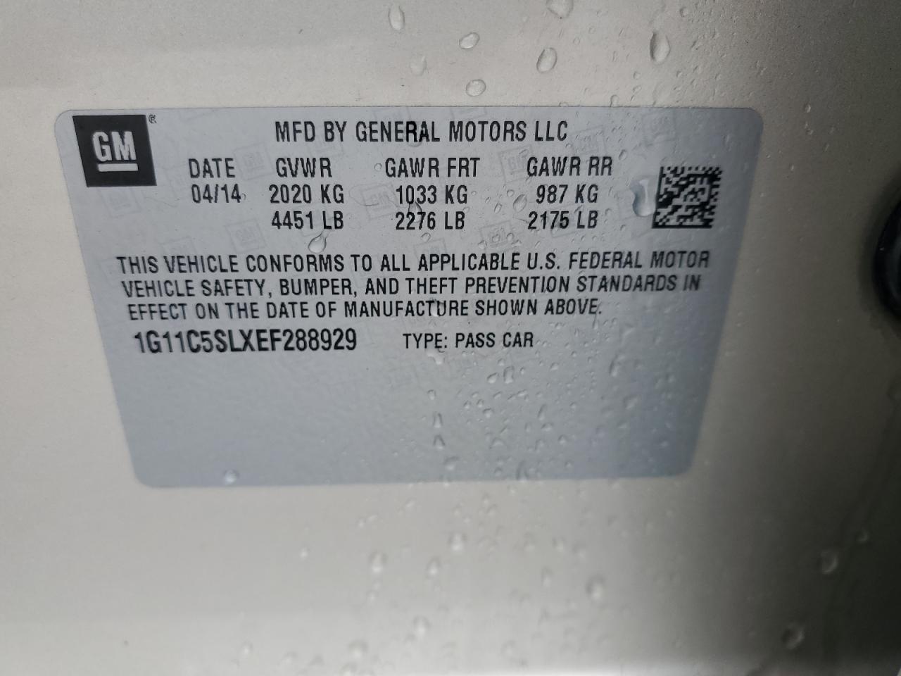 2014 Chevrolet Malibu 1Lt VIN: 1G11C5SLXEF288929 Lot: 83858755