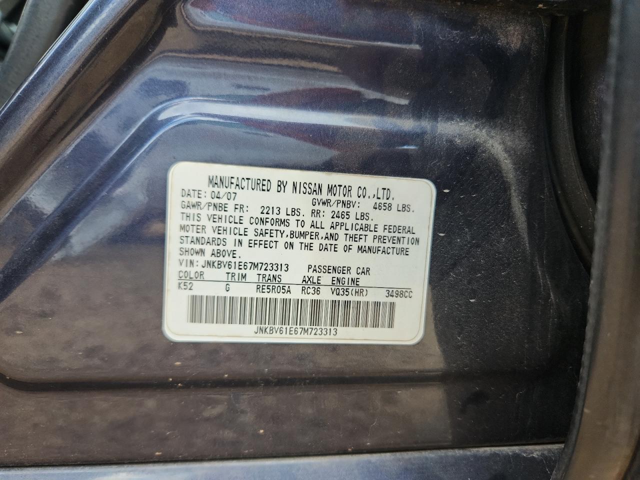 2007 Infiniti G35 VIN: JNKBV61E67M723313 Lot: 81936935