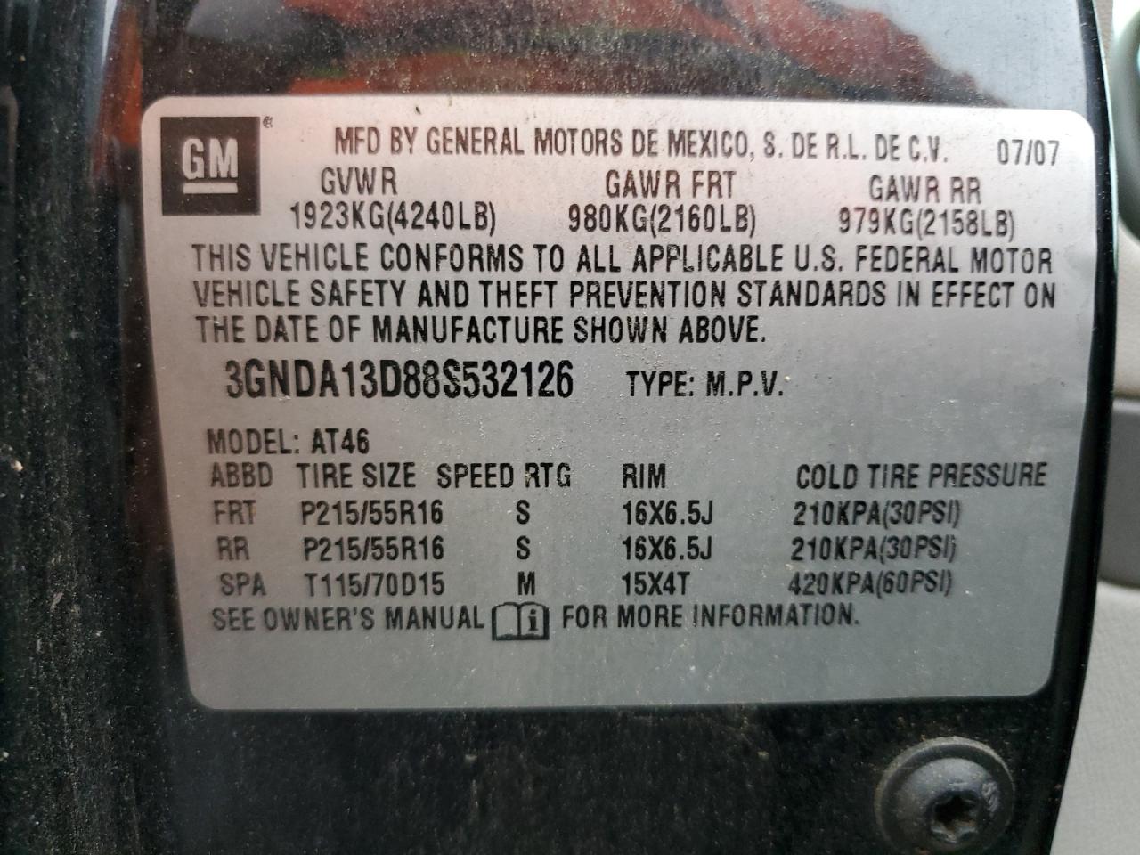 2008 Chevrolet Hhr Ls VIN: 3GNDA13D88S532126 Lot: 68910715