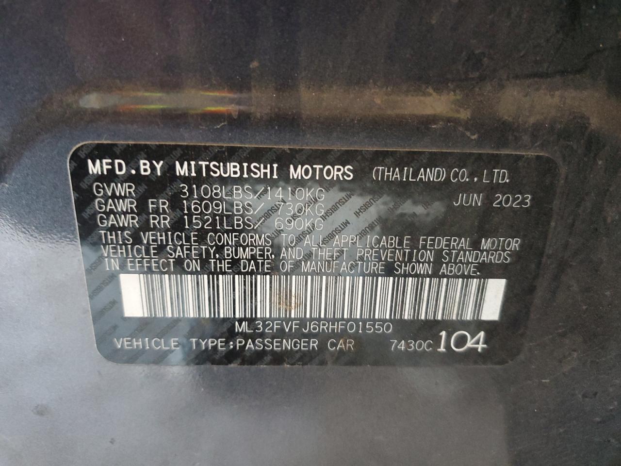 2024 Mitsubishi Mirage G4 Se VIN: ML32FVFJ6RHF01550 Lot: 80034355