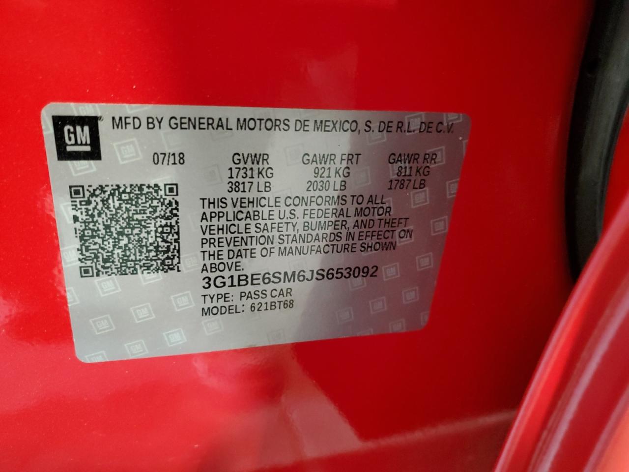 2018 Chevrolet Cruze Lt VIN: 3G1BE6SM6JS653092 Lot: 84021715