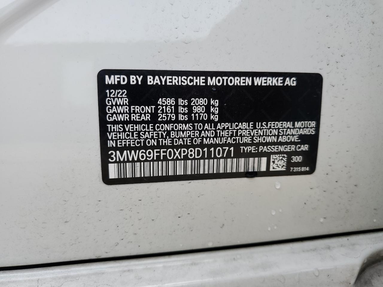 2023 BMW 330I VIN: 3MW69FF0XP8D11071 Lot: 80536015