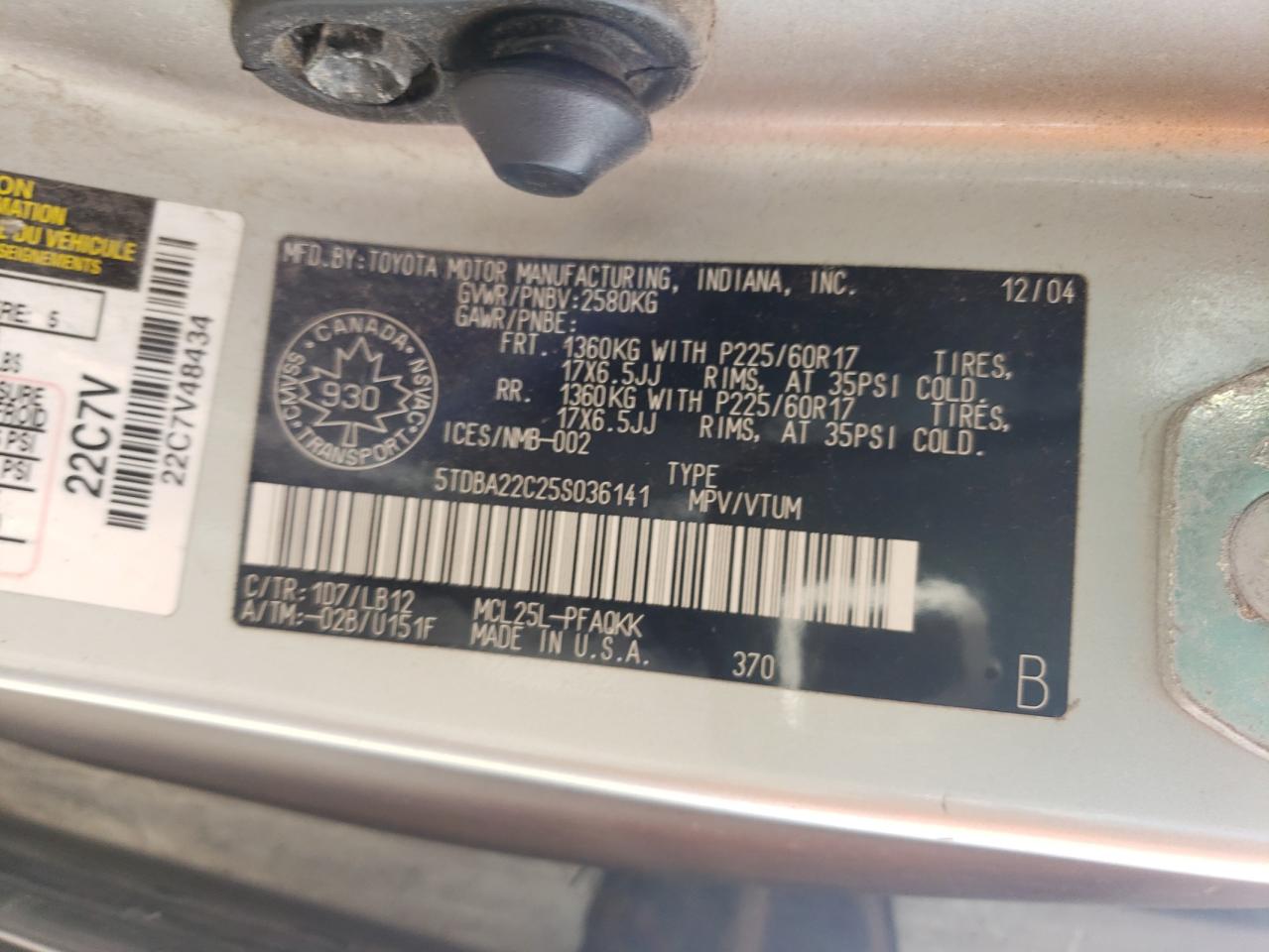 2005 Toyota Sienna Xle VIN: 5TDBA22C25S036141 Lot: 72030555