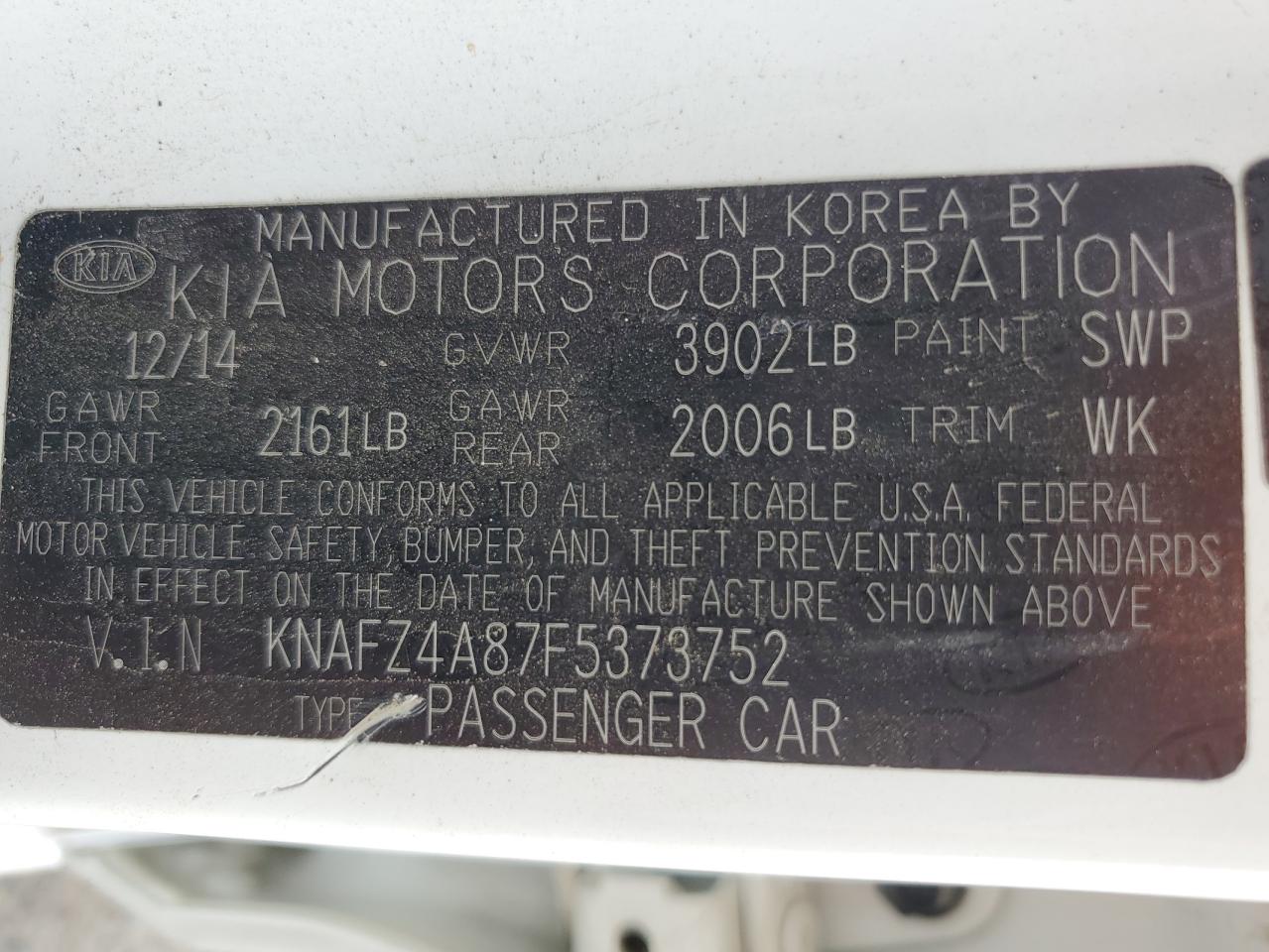 2015 Kia Forte Ex VIN: KNAFZ4A87F5373752 Lot: 84405455