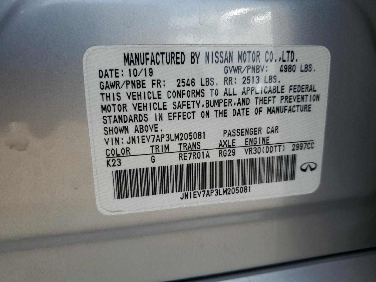 2020 Infiniti Q50 Pure VIN: JN1EV7AP3LM205081 Lot: 80148415