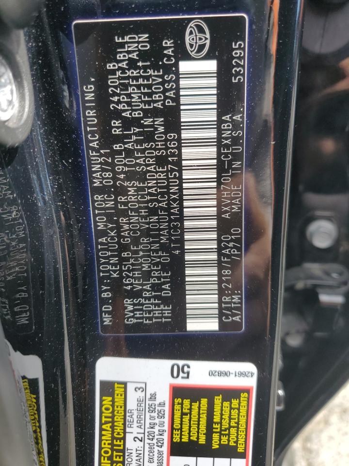 2022 Toyota Camry Le VIN: 4T1C31AKXNU571369 Lot: 83985115