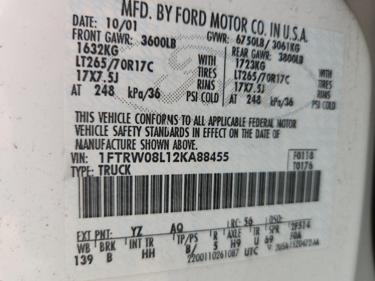 2002 Ford F150 Supercrew VIN: 1FTRW08L12KA88455 Lot: 81131875