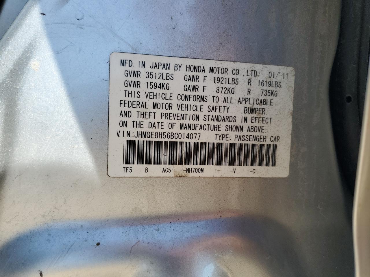 2011 Honda Fit Sport VIN: JHMGE8H56BC014077 Lot: 80829645