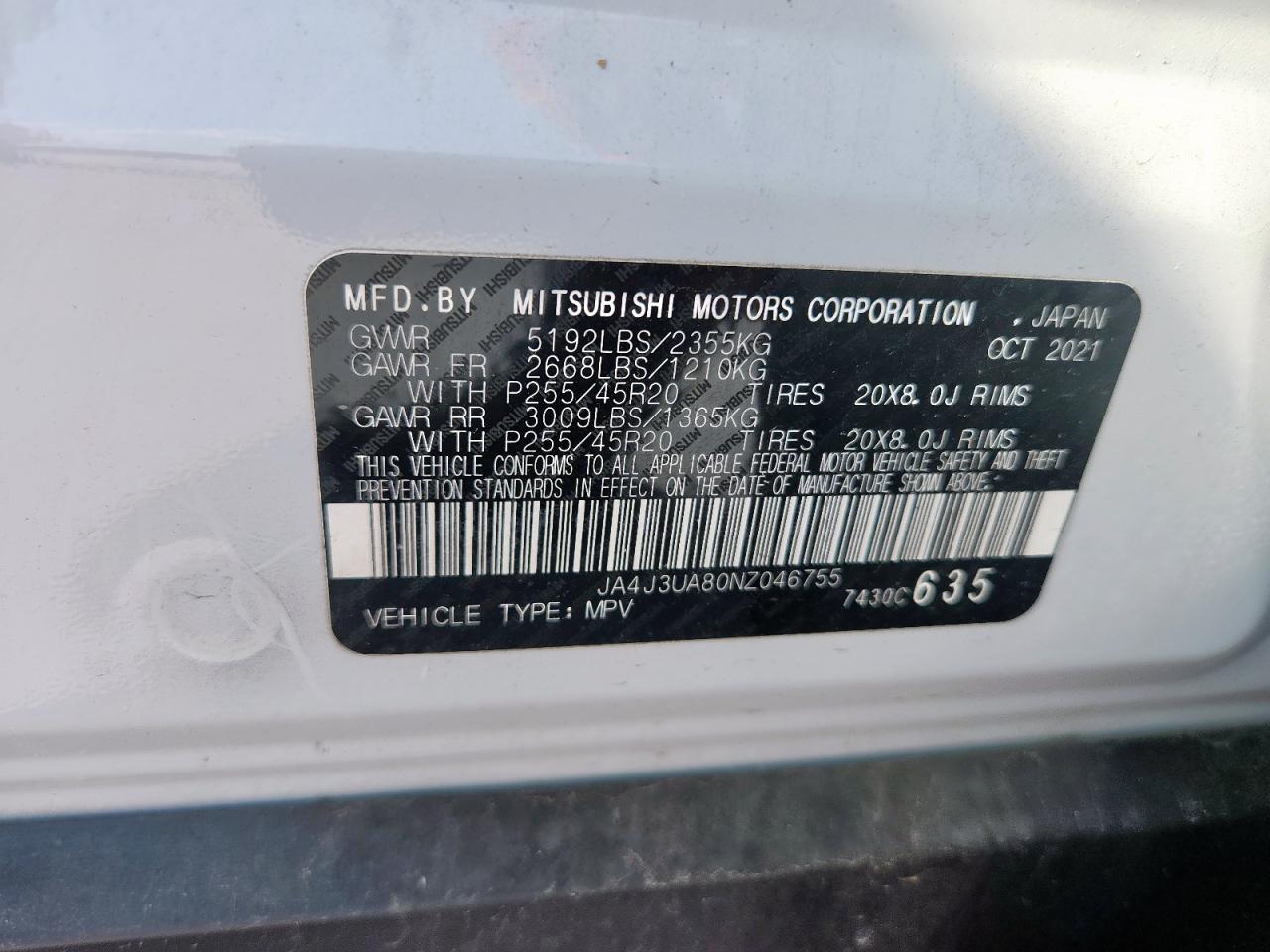2022 Mitsubishi Outlander VIN: JA4J3UA80NZ046755 Lot: 80843385
