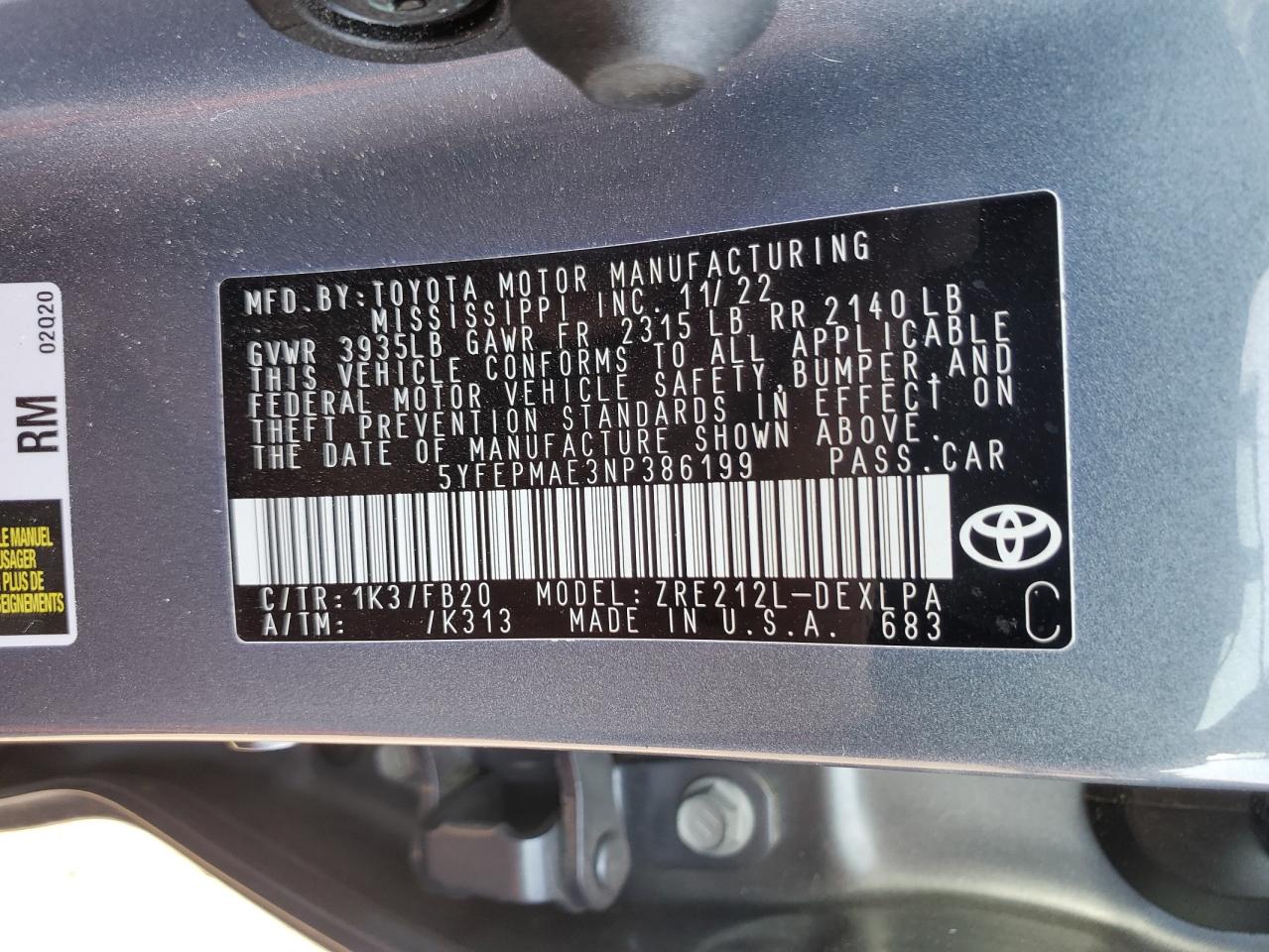 2022 Toyota Corolla Le VIN: 5YFEPMAE3NP386199 Lot: 81573655